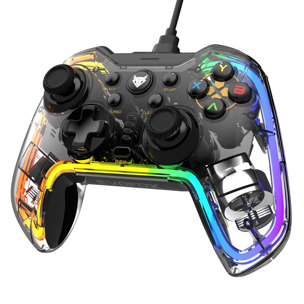 RGB Transparent Wired Gaming Controller with Dual Joystick & Turbo Mode