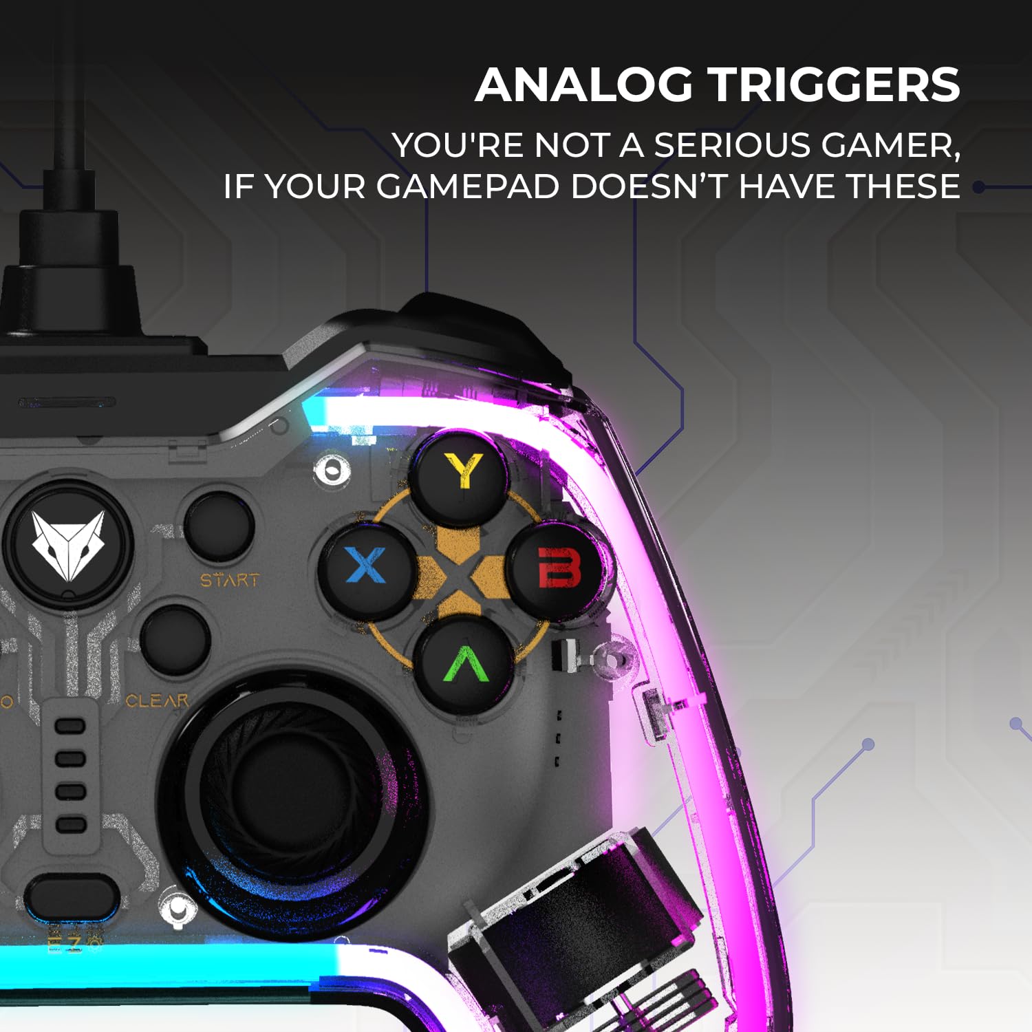 RGB Transparent Wired Gaming Controller with Dual Joystick & Turbo Mode