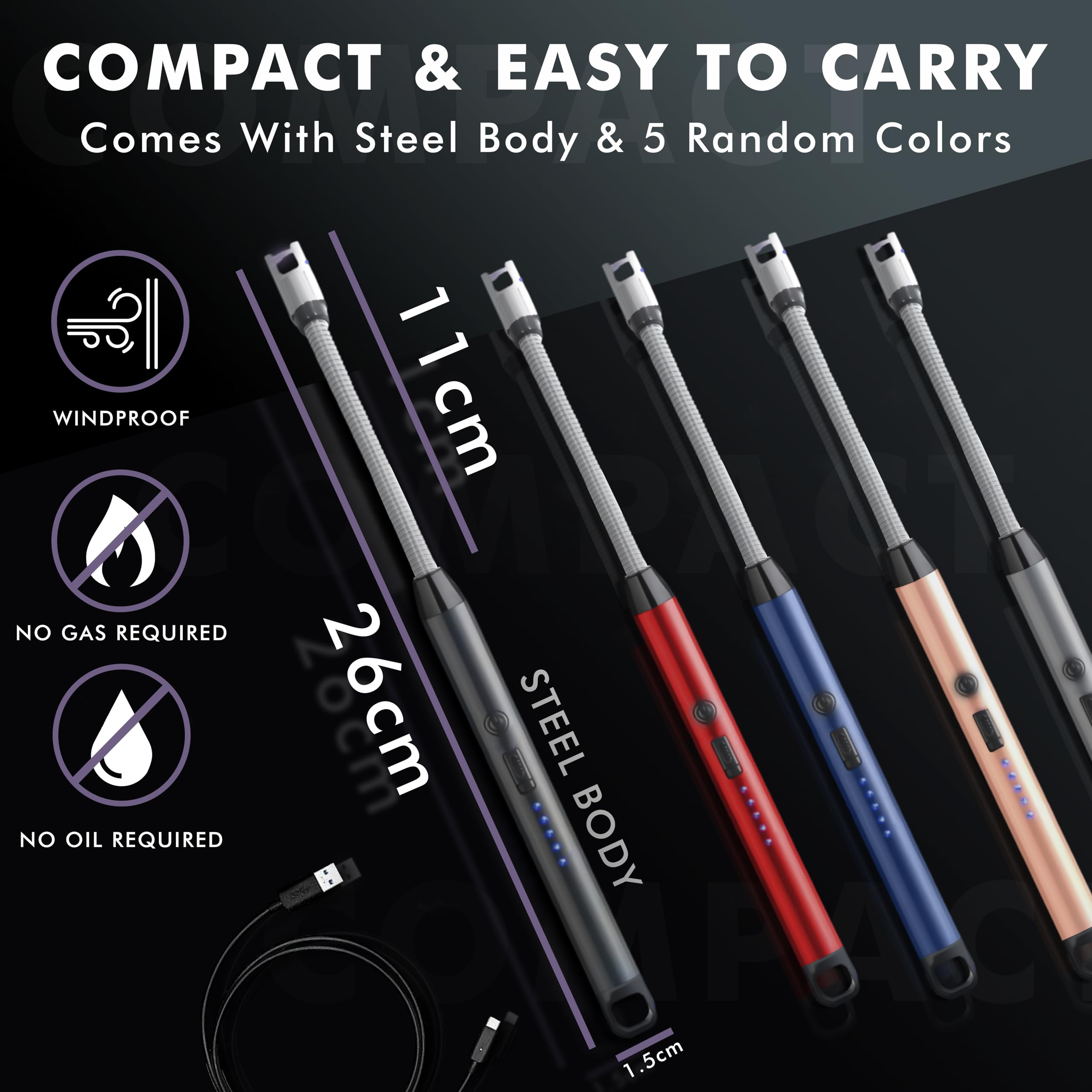 Rechargeable USB-C Electric Arc Lighter with Flexible Neck