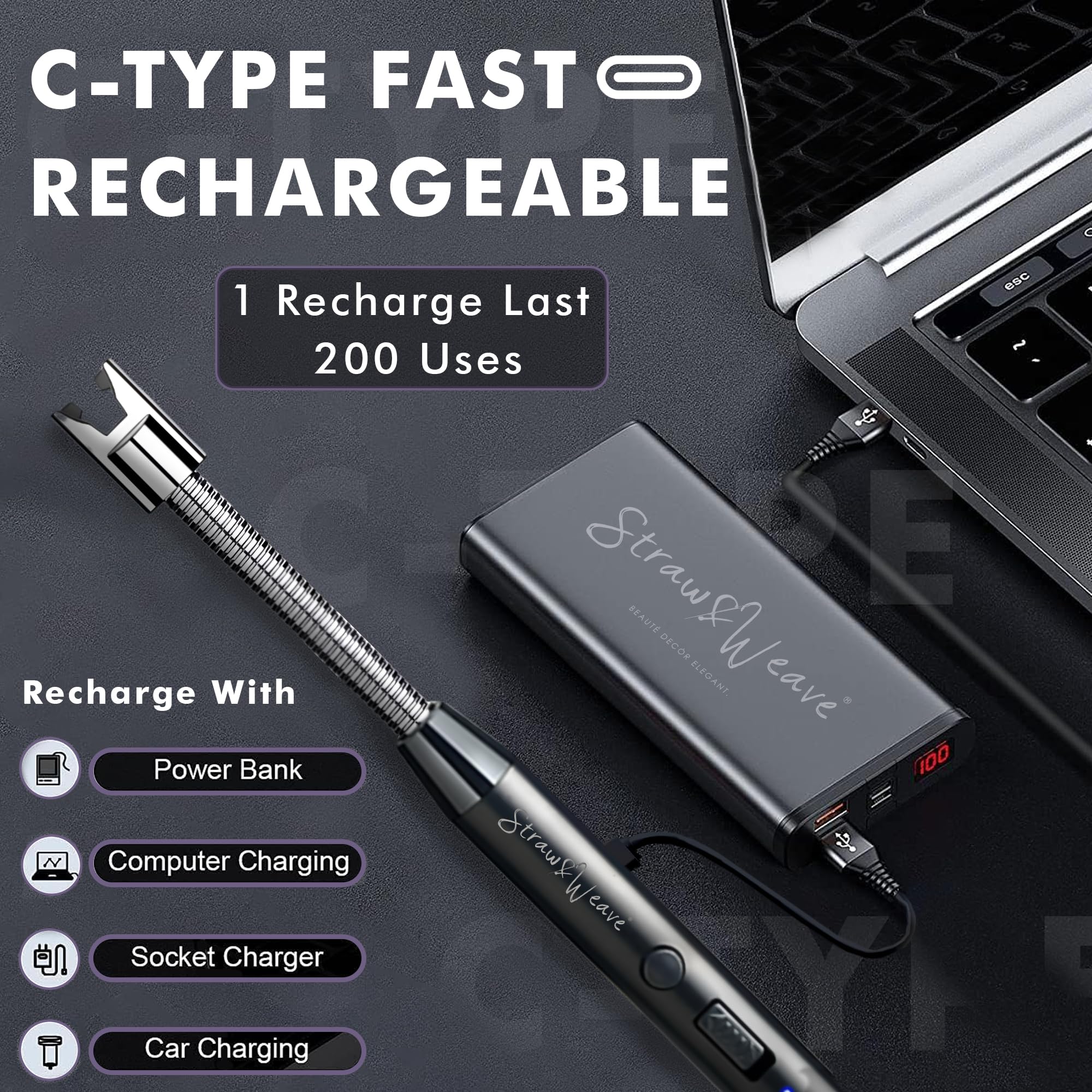 Rechargeable USB-C Electric Arc Lighter with Flexible Neck