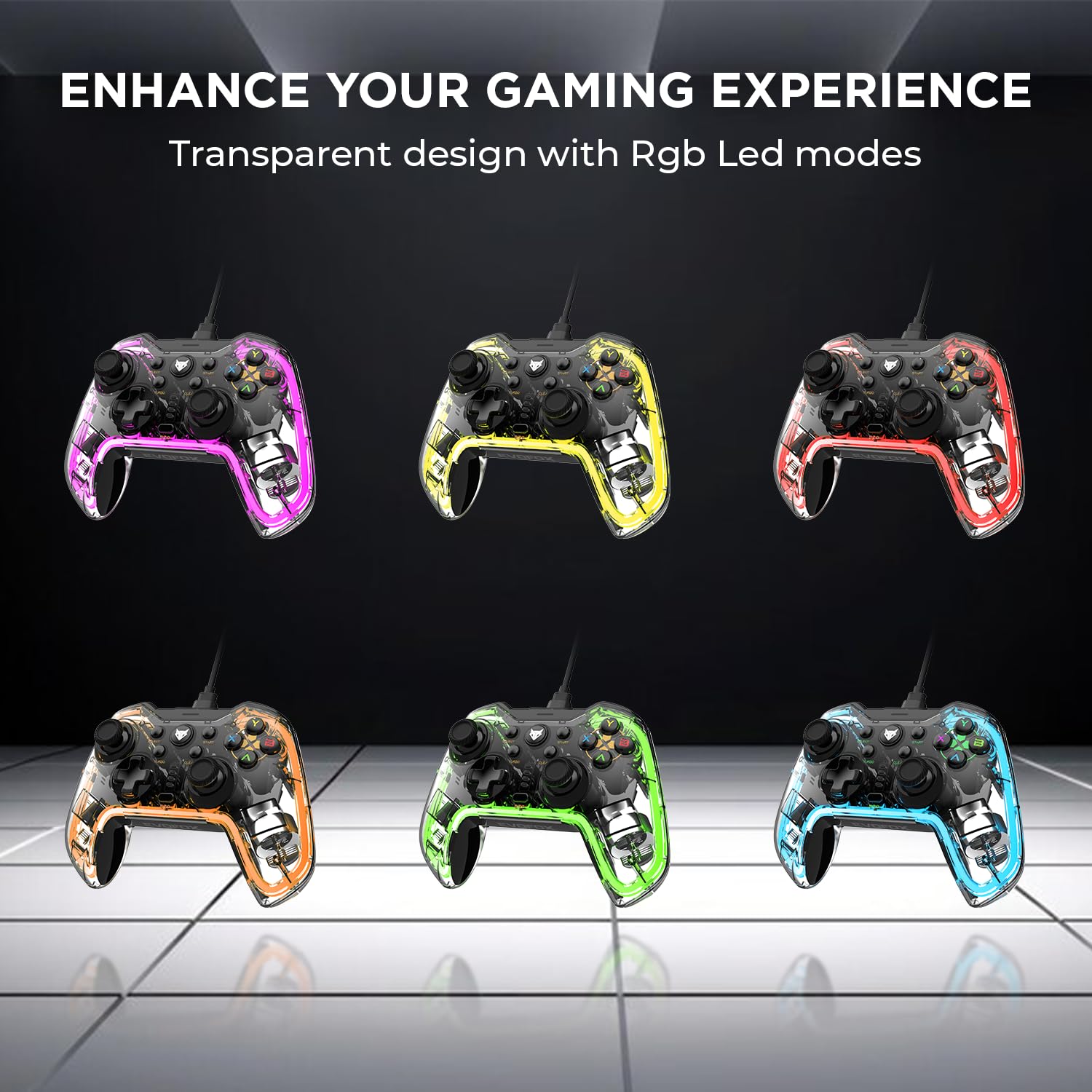 RGB Transparent Wired Gaming Controller with Dual Joystick & Turbo Mode