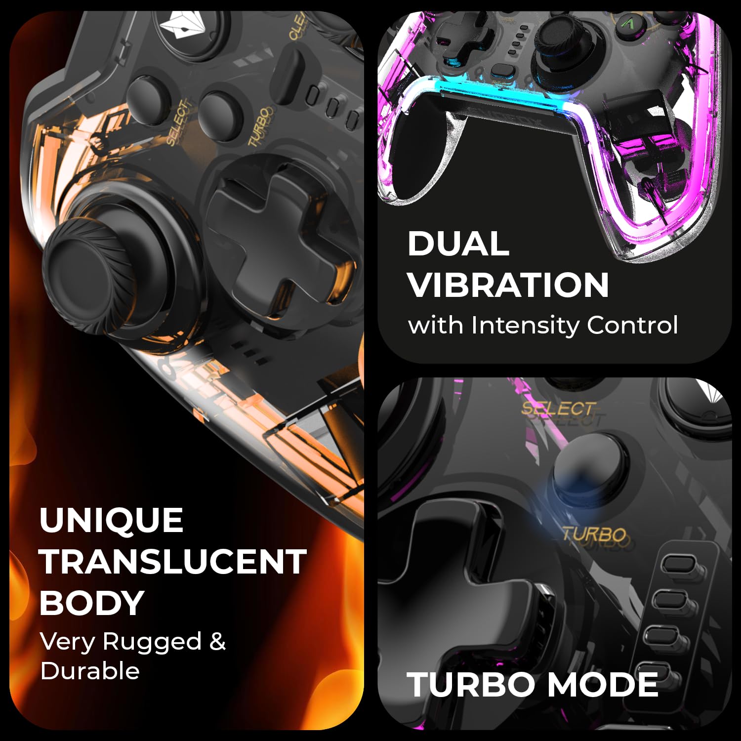 RGB Transparent Wired Gaming Controller with Dual Joystick & Turbo Mode